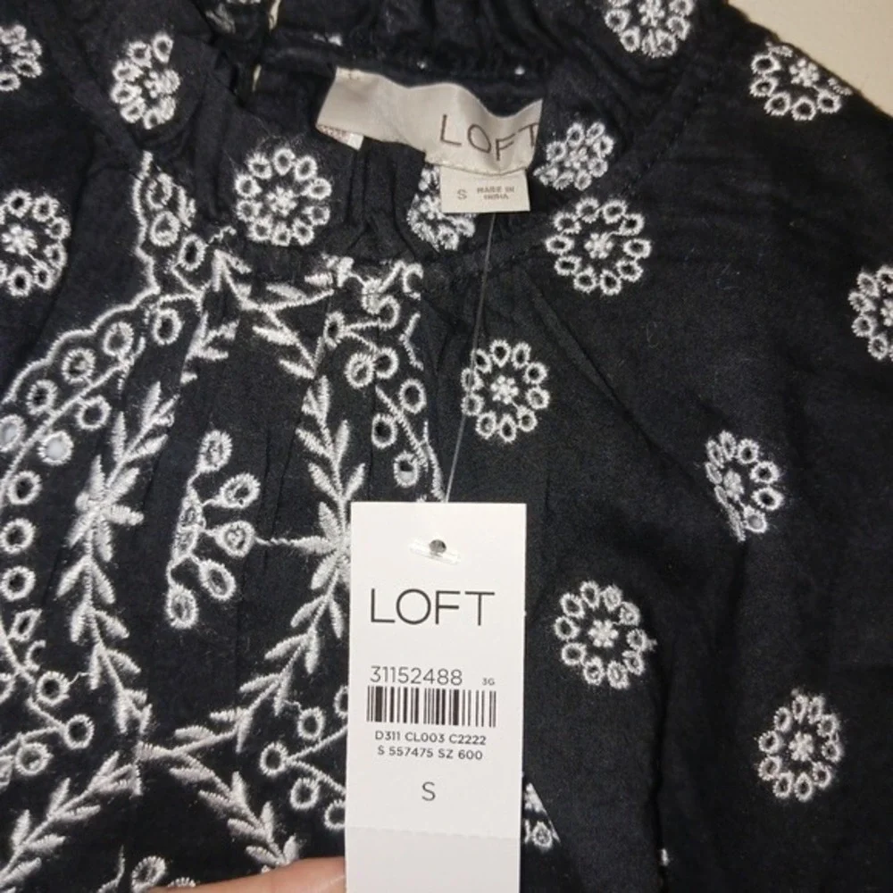 NWT LOFT Black Cottagecore Wimsigoth Short Sleeve Blouse Tunic‎ Top  S